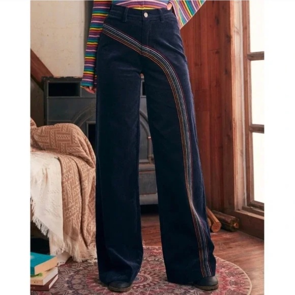 ModCloth Navy Corduroy Wide Leg Pants Rainbow With Me Stripe Flare Retro 22W - Picture 2 of 13